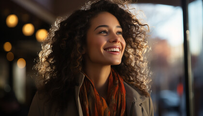 Obraz premium A beautiful young woman smiling, looking at camera with confidence generated by AI