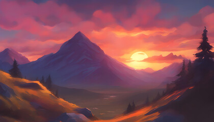 Animated sunset over the mountain digital art, painting