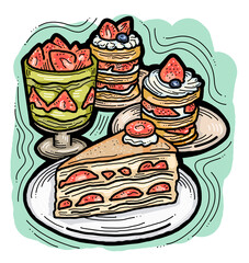 Sweet dessert cake with fruits for celebration birthday party or wedding, tasty breakfast. For cafe, restaurant menu print, postcard or poster. Hand drawn illustration. Cartoon style line art drawing.