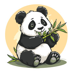 Cute cartoon panda sitting with bamboo branch. Vector illustration.