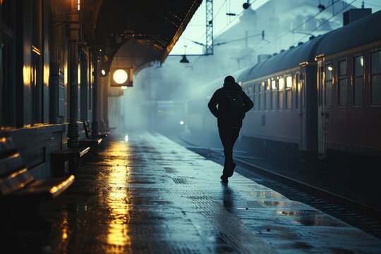 People running on the railway station. A man missed his train at the station. People in the station