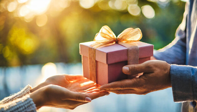 Young Woman Joyfully Receives A Valentine's Day Gift Box From A Loving Man, Expressing Love And Surprise In A Heartfelt Moment