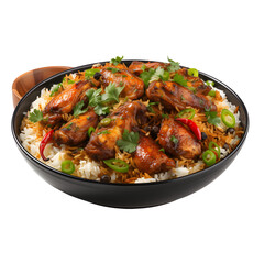 Chicken biryani with steamed basmati rice on png background.