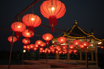Hanging lanterns during Chinese New Year festival,select focus.