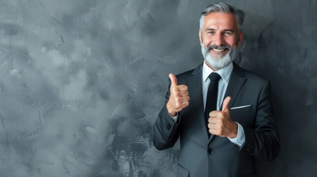 smiling male middle aged man showing thumbs up over grey background