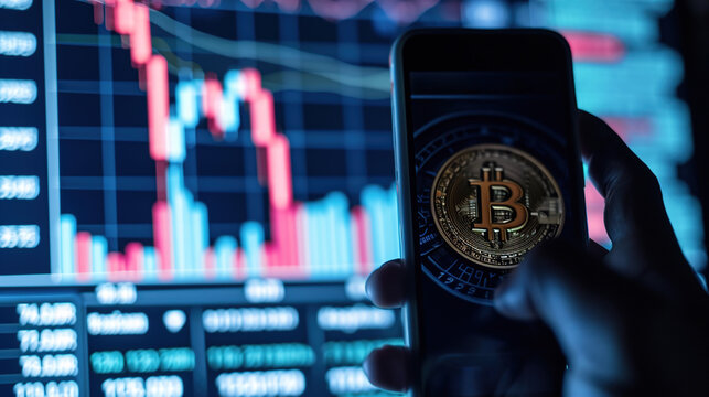 Trading Bitcoin ETF on Smartphone App, Stock Trader Hands trading a Bitcoin ETF on a smartphone, with a vibrant display of live market charts candles, online blockchain stock exchange