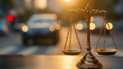 The scales of justice set against a backdrop of an automobile, symbolizing laws in the realm of transportation