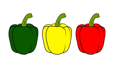 Set of three peppers. Green, yellow and red pepper. Fresh vegetables icon. Set of Colored yellow and red Sweet Bulgarian Bell Peppers, Paprika. Vector illustration EPS 10.