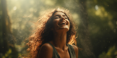 Female expressing joy in the middle of the forest.
