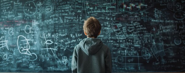 little boy looking at an old lab with chalkboard on it, in the style of spiritual meditations