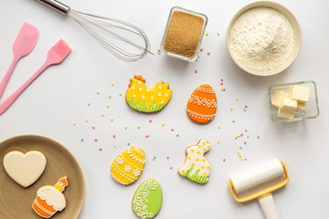 Easter baking with homemade cookies - eggs and bunny. Cooking flat lay