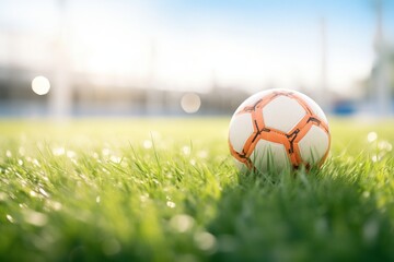 Fototapeta premium soccer ball on grass field at daylight