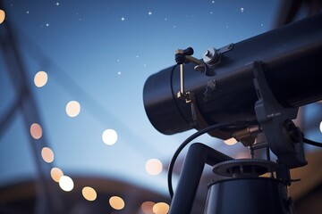 close-up of telescope under star-filled night sky