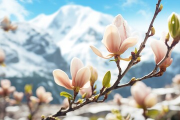 magnolia flowers with a snow-capped mountain backdrop