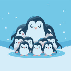 Group of penguins in the snow. Cute cartoon vector illustration.