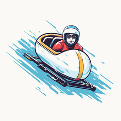Bobsled vector illustration. Cartoon skier with helmet and goggles.