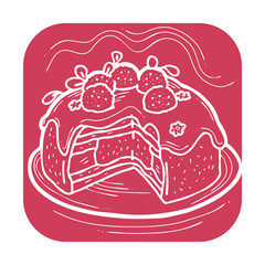 Sweet dessert cake with fruits for celebration birthday party or wedding, tasty breakfast. For cafe, restaurant menu print, postcard or poster. Hand drawn illustration. Cartoon style line art drawing.