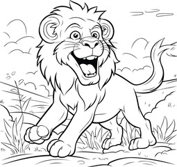 Black and White Cartoon Illustration of Lion Animal for Coloring Book