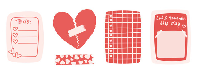 Collection of Valentine day themed memo stickers. Journal planning love sticker sheets. To do, Broken Hearn, reminder