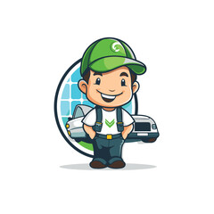 Cute mechanic with car cartoon character vector illustration. Auto service logo.