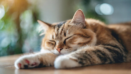 Fototapeta premium lazy cat peacefully napping on a cozy blanket, radiating tranquility and contentment