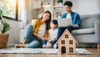 wooden house amidst a cozy room, radiating warmth and joy as a happy family plays in the background