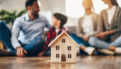 wooden house amidst a cozy room, radiating warmth and joy as a happy family plays in the background