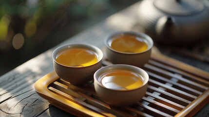 Close-up of a tea ceremony, with selective focus and no people. Every detail of this tranquil scene is meticulously captured, portraying the essence of a serene and artful tea ritual - obrazy, fototapety, plakaty