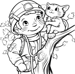 Black and White Cartoon Illustration of Kid Boy with Cat on Tree for Coloring Book