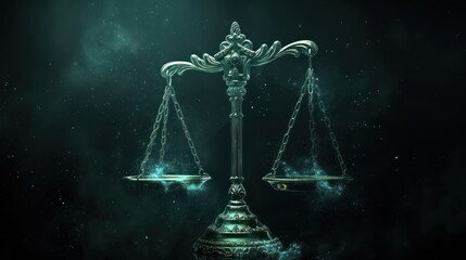 justice and balance of scales, in the style of dark sky-blue and light silver,