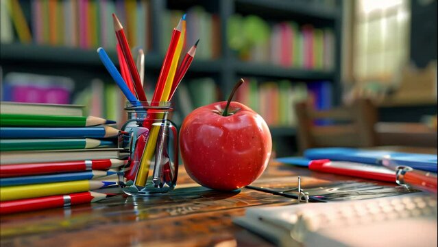 Back to school stationery and apple. 4k video animation