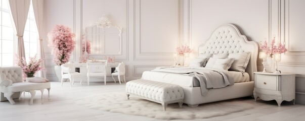 fancy bedroom with white furniture and pink flowers