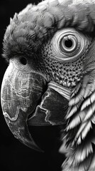 A black and white photo of a parrot.