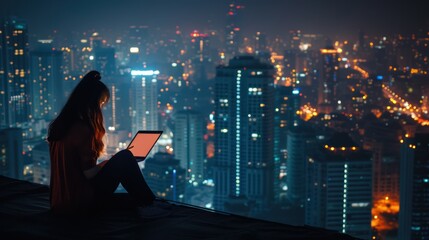 girl in white reading book holding tablet at night on the balcony looking at city at the night, in the style of code-based creations