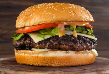 Burger beef cheese minimal close up. Hamburger freshly baked on wooden background, homemade burger....
