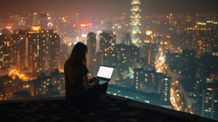 a woman is sitting in an open space with a city scape in the background while using a tablet laptop