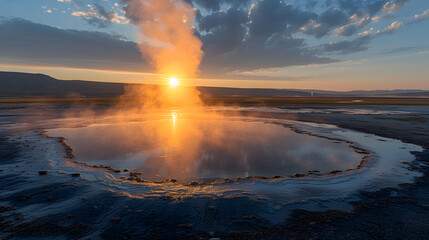 An untouched geyser, with a desolate landscape as the background, during the stillness of the midnight sun