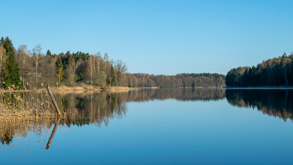 Fototapeta na wymiar sunny spring landscape with calm lake, first green of spring in trees and grass