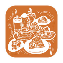 Sweet dessert cake with fruits for celebration birthday party or wedding, tasty breakfast. For cafe, restaurant menu print, postcard or poster. Hand drawn illustration. Cartoon style line art drawing.