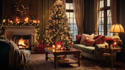 Fototapeta na wymiar Stylish cozy home interior decorated for Christmas. Neural network AI generated art