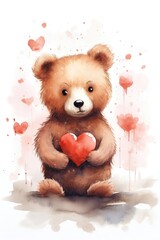 Valentine's Day Teddy Bear Heart Hand Painted Watercolor Illustration on white background