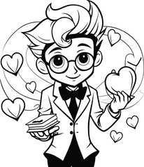 Black and White Cartoon Illustration of a Man Holding a Cupcake with Hearts Around him