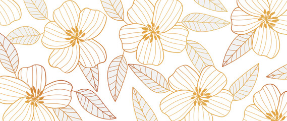 Luxury floral wallpaper with gold line. Elegant golden background with flowers and leaves. Illustration design for decor, card, home decor, invitation, packaging, print, cover, banner.