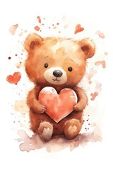 Valentine's Day Teddy Bear Heart Hand Painted Watercolor Illustration on white background