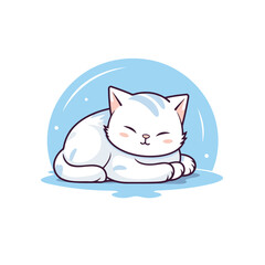 Cute white cat sleeping on the floor. Vector illustration in cartoon style.