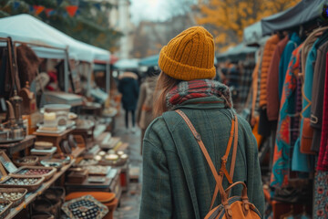 Person Exploring a Flea Market on a Chilly Day
 - obrazy, fototapety, plakaty