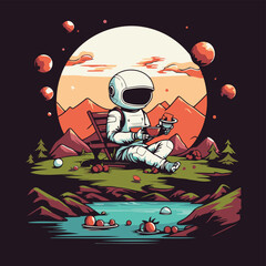 Astronaut sitting on a chair by the river. Vector illustration.