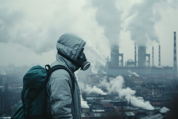 Person Overlooking Industrial Plant Emissions with Gas Mask
