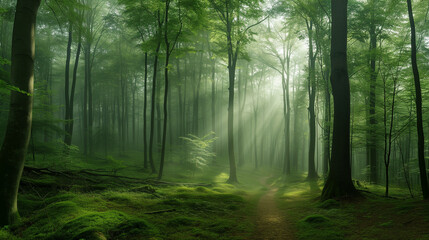A serene and mystical sunny forest covered in fresh morning mist, with vibrant shades of green