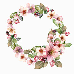.Watercolor festive wreath of beautiful flowers and fruity blackberries with green leaves. - 726541149